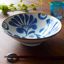 やちむん風デイゴの花24cmボウル8寸鉢ボウル鉢大鉢麺鉢器麺類麺ソーキそば沖縄そばラーメン青藍ブルー茶色ブラウンおしゃれオシャレ食洗機対応食器和食器業務用沖縄琉球デイゴ花かりゆし縁起物華やか賑やかインスタ映え美濃焼